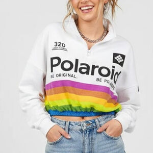 Polaroid White Cropped Sweatshirt with Rainbow Stripes